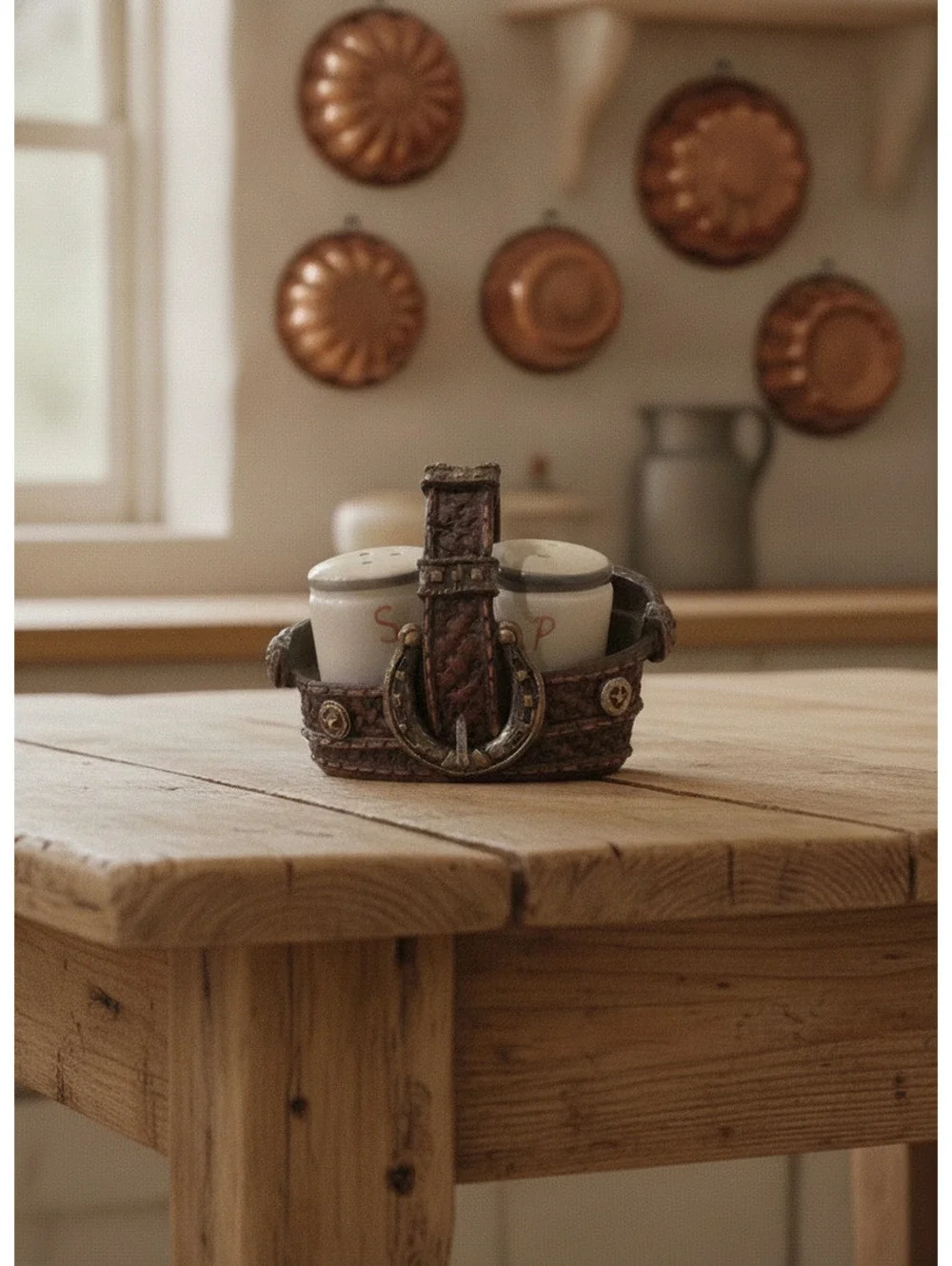 Western cowboysalt and pepper set in old-fashioned belt shaped to be a container